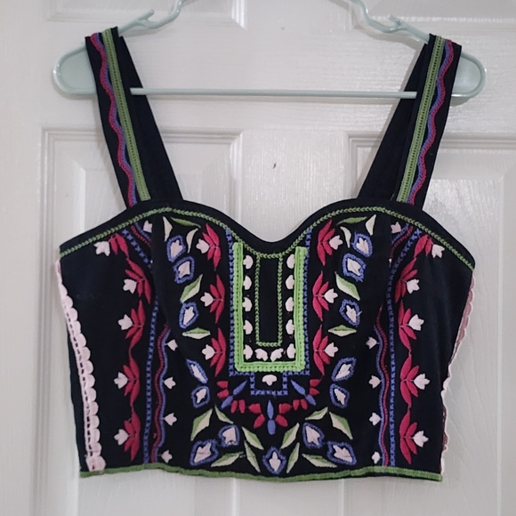 Anthropologie Embroidered Bustier Corset Crop Top Black Floral Boho Size 8 - Picture 2 of 8